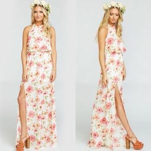 Show Me Your MuMu Heather Halter Maxi Bridesmaid Dress Pink White Poppi XS NWT